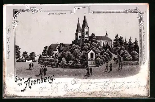 Lithographie Arenberg, Kirche mit Strasse und Passanten