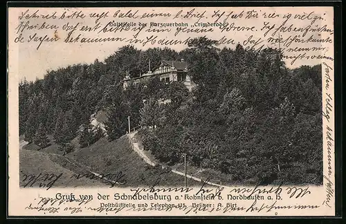 AK Nordhausen a. H., Gasthaus zur Schnabelsburg am Kohnstein, Haltestelle der Harzquerbahn Crimderode