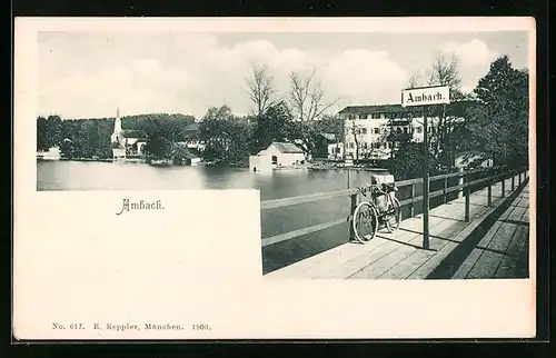 AK Ambach, Ortsansicht mit Kirche und Ortsschild