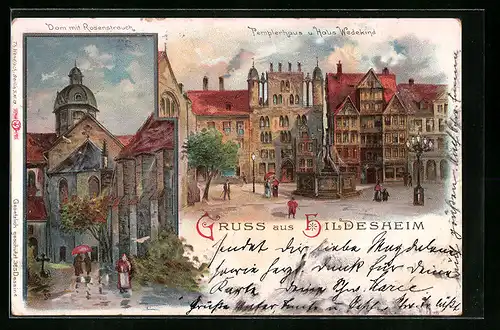 Lithographie Hildesheim, Dom mit Rosenstrauch, Pemplerhaus