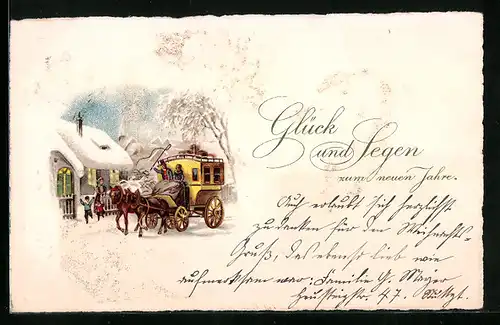 AK Postkutsche hält vor einem schneebedeckten Haus, Neujahrsgruss