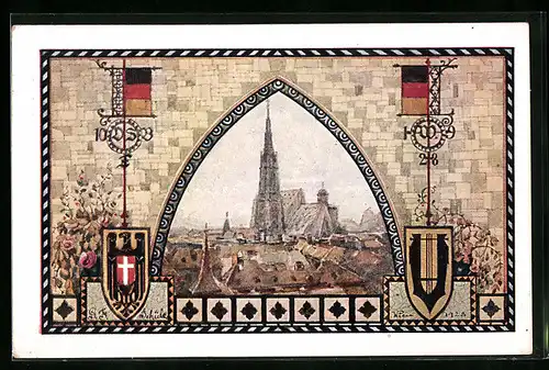 Künstler-AK Wien, Sängerfest 1928, Stefansdom, Wappen, Fahnen