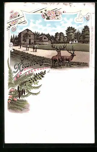 Lithographie Nesselberg, Ansicht mit Hirschen