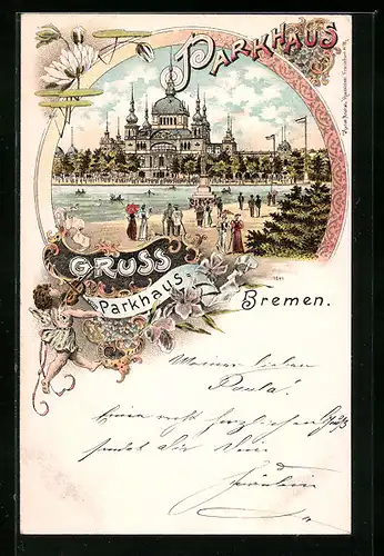 Lithographie Bremen, Parkhaus, Flaneure am Wasser