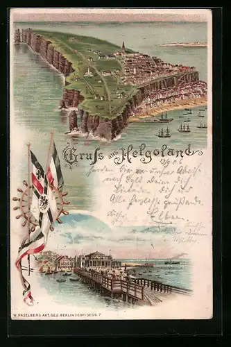 Lithographie Helgoland, Inselansicht aus der Vogelschau