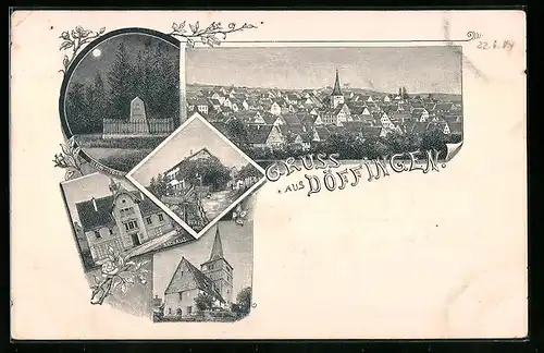 AK Döffingen, Ulrich-Stein bei Mondschein, Rathaus, Pfarrhaus