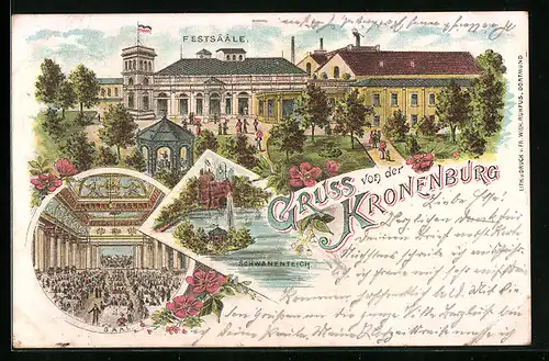 Lithographie Kronenburg, Festsäle, Inneres Saal, Schwanenteich