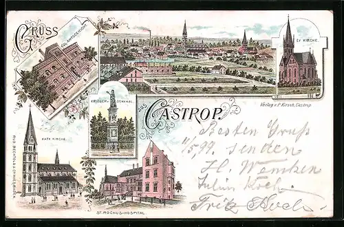 Lithographie Castrop, Königliches Amtsgericht, St. Rochus-Hospital, Katholische Kirche