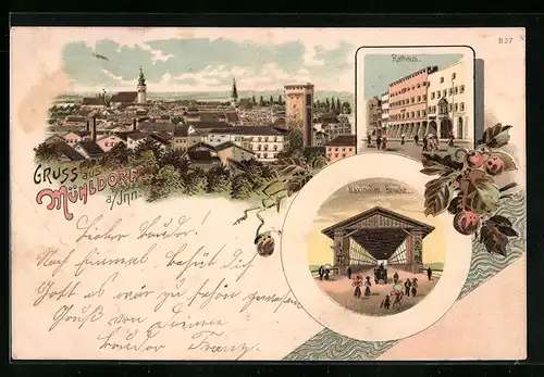 Lithographie Mühldorf a. Inn, Teilansicht, Rathaus, Maximilian-Brücke