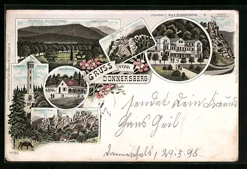 Lithographie Donnersberg, Kurhotel Villa Donnersberg, Waldhaus, Ludwigs-Turm