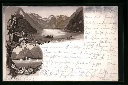 Lithographie Königssee, Teilansicht mit Booten