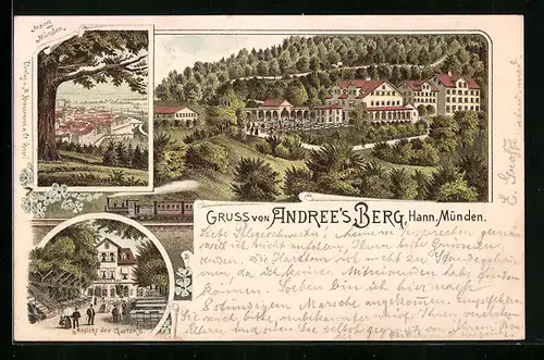 Lithographie Hann.-Münden, Gasthaus Andree`s Berg, Garten, Teilansicht von Münden