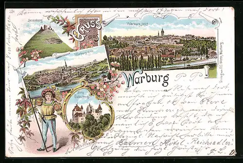 Lithographie Warburg, Teilansichten einst und jetzt, Desenberg