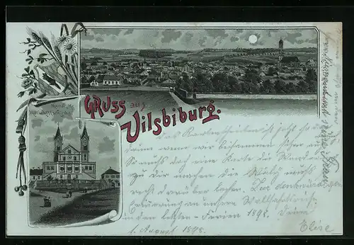 Mondschein-Lithographie Vilsbiburg, Teilansicht, Mariahilfs-Kirche