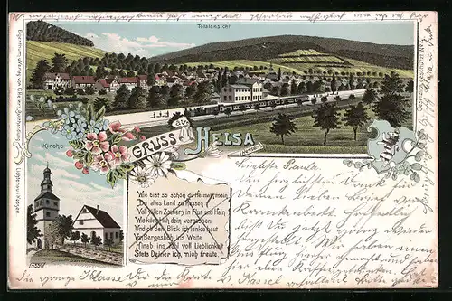 Lithographie Helsa i. Hessen, Totalansicht mit Eisenbahn, Kirche