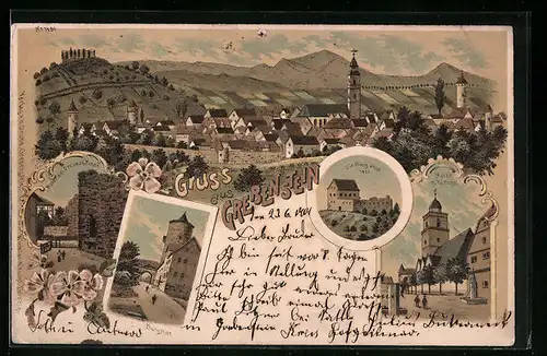 Lithographie Grebenstein, Mauer am Dreimännchen, Burgtor, Markt mit Kirche