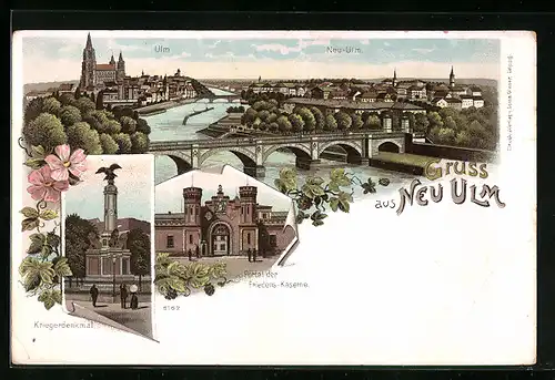 Lithographie Neu-Ulm, Teilansicht mit Ulm, Portal der Friedens-Kaserne, Kriegerdenkmal