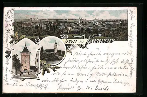 Lithographie Waiblingen, Teilansicht, Kirche, Tor