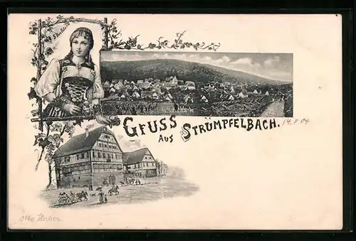 AK Strümpfelbach, Teilansicht, Ortspartie mit Pferdewagen, Frau in Tracht
