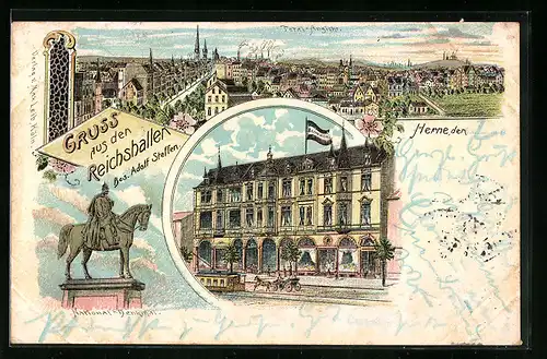 Lithographie Herne, Hotel Reichshallen von Adolf Steffen, National-Denkmal