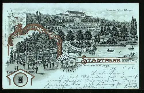 Lithographie Bochum, Gasthaus im Stadtpark von W. Werner, Plateau
