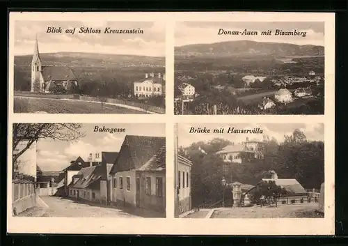 AK Kritzendorf, Blick auf Schloss Kreuzenstein, Bahngasse, Brücke mit Häuservilla