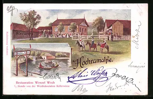 Lithographie Gablitz, Hochramalpe, Restaurant Wenzel Wech und Schiesstätte, Uferpartie mit Booten
