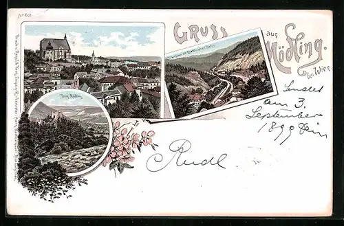 Lithographie Mödling, Burg Mödling, Klaussen m. elektrischer Bahn
