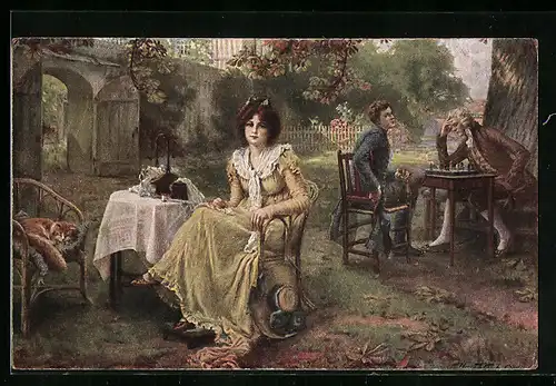 Künstler-AK Herren beim Schachspiel im Grünen, Dame im Kleid, In Gedanken