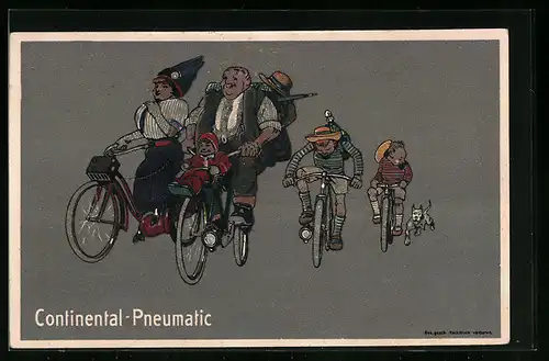 Künstler-AK Reklame für Continental-Pneumatic, Familie bei einer Fahrrad-Tour ins Grüne