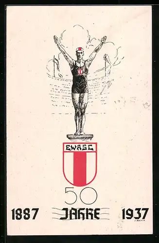 Künstler-AK Wien, 1. Wiener-Amateur-Schwimm-Club, Schwimmer mit Haube auf dem Startblock