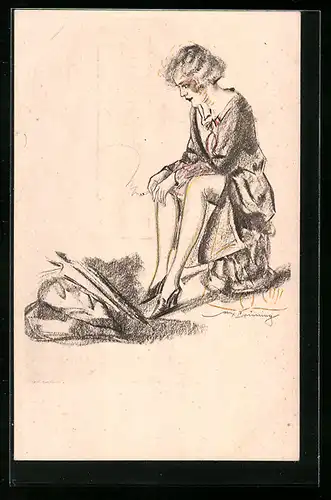 Künstler-AK Max Brüning: Fräulein raucht und liesst die Zeitung