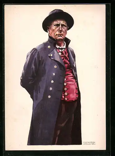 Künstler-AK sign. Karl Diebitsch: Egern und Wiessee am Tegernsee, Älterer Herr im lila Mantel mit purpurner Weste