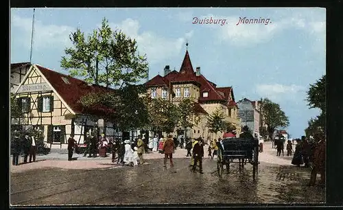 AK Duisburg /Monning, Gasthaus Monning und Pferdekutsche