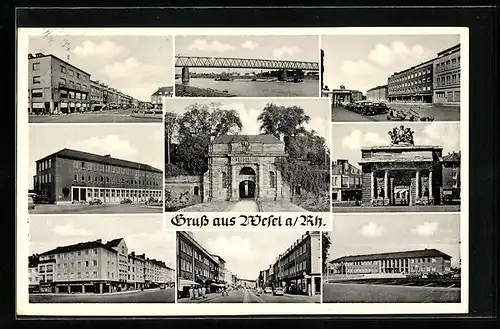 AK Wesel a. Rh., Brücke mit Fluss, Strassenpartie