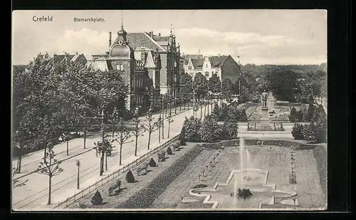 AK Crefeld, Bismarckplatz mit Brunnen