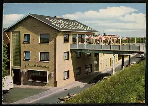 AK Bielenberg, Restaurant und Ballhaus Zum Elbblick mit Terrassenbrücke und Strasse