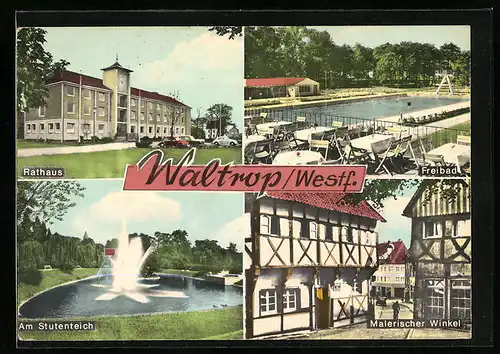 AK Waltrop /Westf., Freibad, Rathaus, Ortspartie