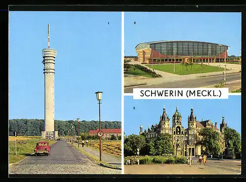 AK Schwerin /Meckl., Fernsehturm, Sporthalle, Schloss