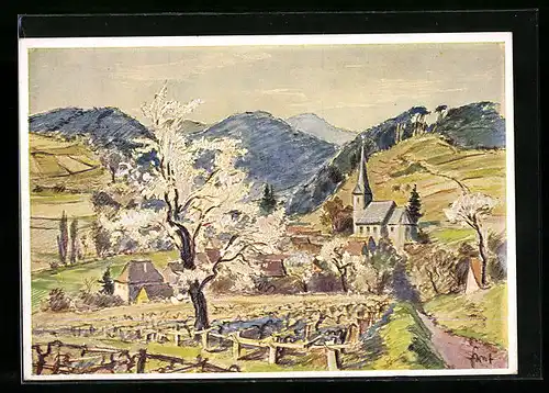 Künstler-AK Rechtenbach, Bäume blühen im Frühling, Kirche