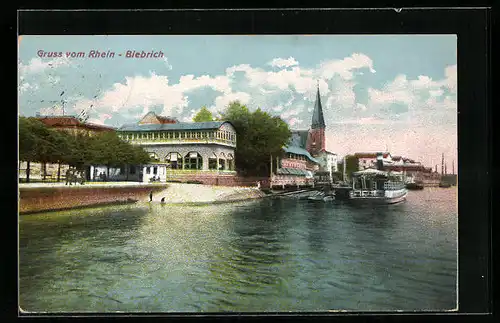 AK Biebrich /Rhein, Uferpartie mit Kirche und Dampfer