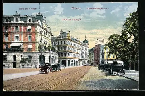 AK Bremen, Strasse Heerdentorsteinweg mit Hillmanns Hotel und Hotel de l`Europe