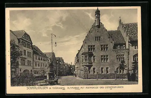 AK Schmalkalden in Thüringen, Altmarkt und Strasse Auergasse mit Geschäft und Lutherbrunnen