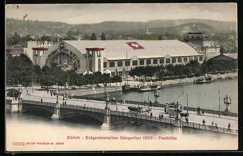 AK Zürich, Eidgenössisches Sängerfest 1905, Festhütte und Brücke