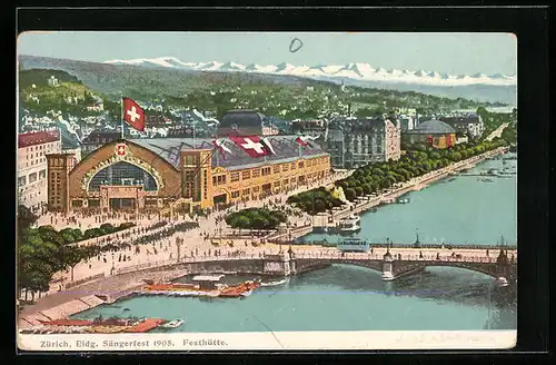 AK Zürich, Eidgen. Sängerfest 1905, Festhütte, Strassenbahn, Dampfer und Brücke