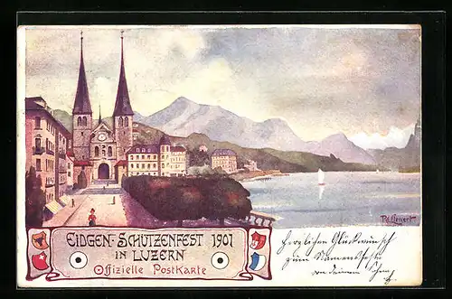Künstler-AK Luzern, Schützenfest 1901, Blick zur Kirche