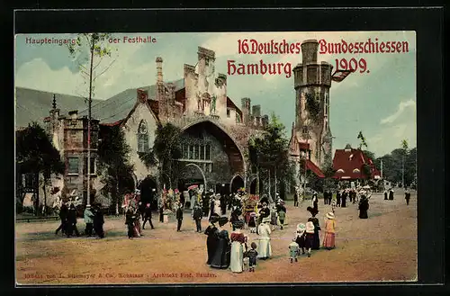 AK Hamburg, 16. Deutsches Bundesschiessen 1909, Haupteingang der Festhalle