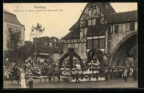 AK Hamburg, 16. Deutsches Bundesschiessen 1909, Festzug, Wagen von St. Georg, Hamburger Waisengrün 1633