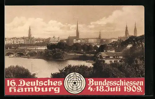 AK Hamburg, 16. Deutsches Bundesschiessen 1909, Lombardsbrücke mit Aussen und Binnenalster