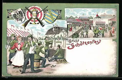 Lithographie Schützenfest mit trinkenden Gästen und Wappen